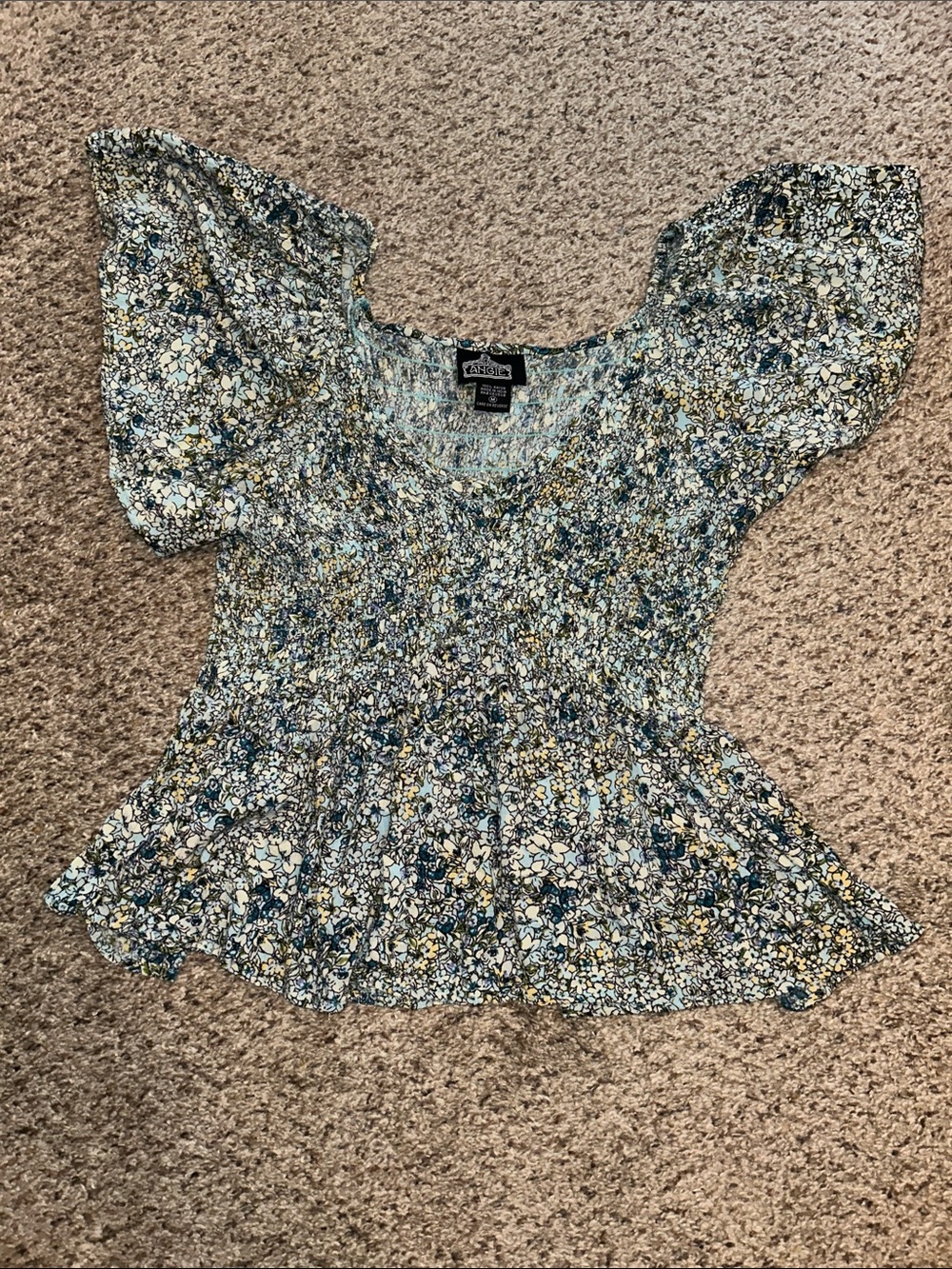 Blue Green Floral Smocked Peplum Blouse